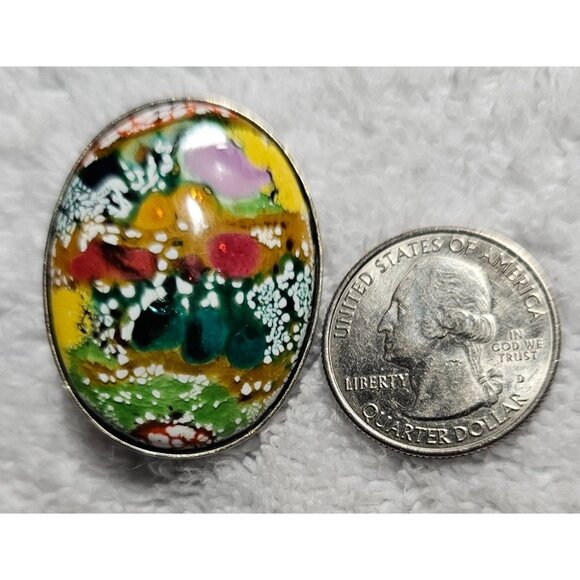 Colorful Abstract Oval Enamel Pin Brooch with Silver-Tone Backing 2" x 1.5" - Picture 4 of 6